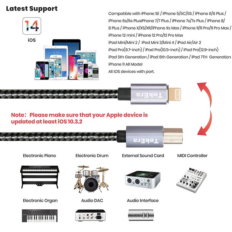 8Pin to Type-B MIDI Keyboard Converter USB 2.0 Cable for iPhone iPad apple