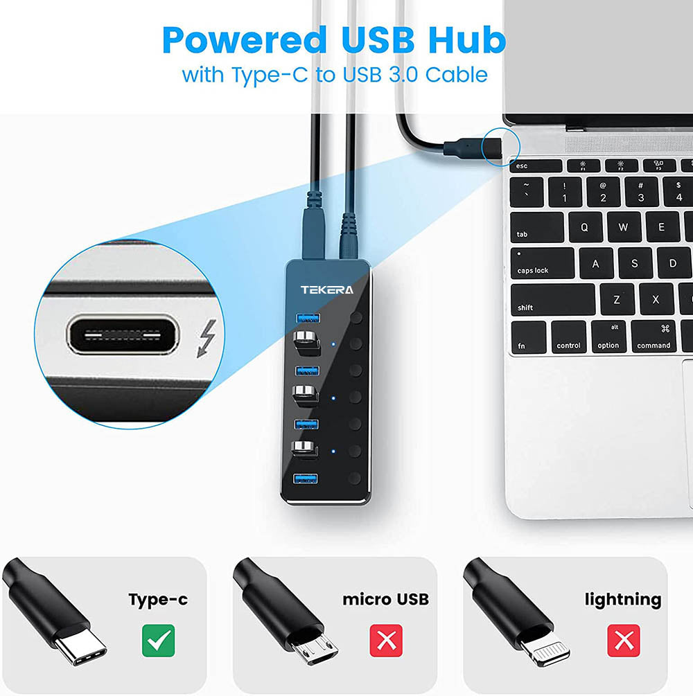 USB 3.1 USB-C Type-C HUB to 7 USB 3.0 Port Thunderbolt 3 Powered AC Adapter