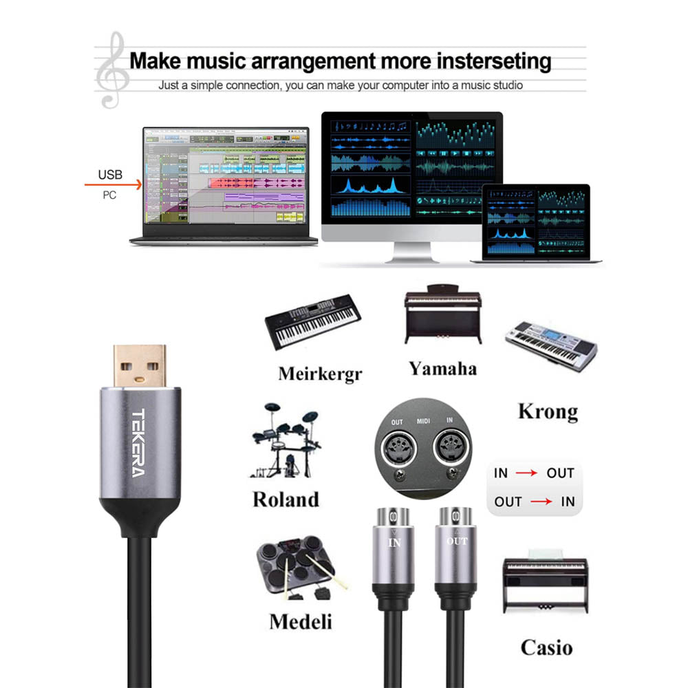 USB IN-OUT MIDI Interface Cable Converter PC to Music Keyboard Adapter ...