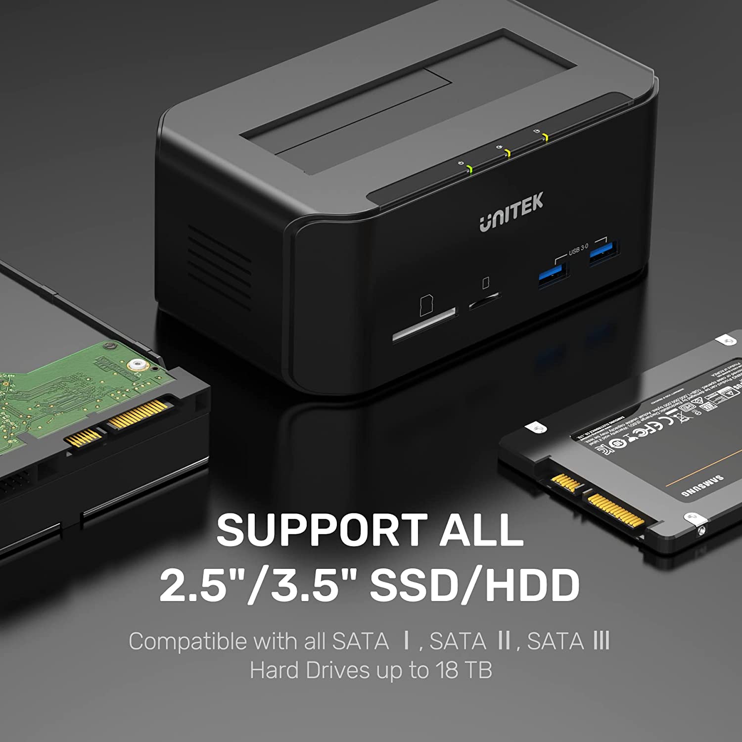 USB3.0 To SATA External 2.5"/3.5"  Single Bay Docking Station With Card Reader For PC Laptop