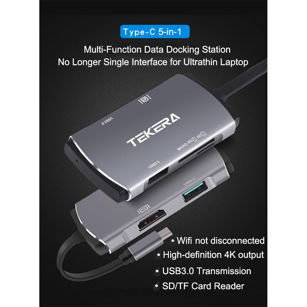 USB Type-C 5-in-1 Hub with HDMI 4K@30Hz USB2.0 USB3.0 TF/SD Card Reader for PC and Smart Phone