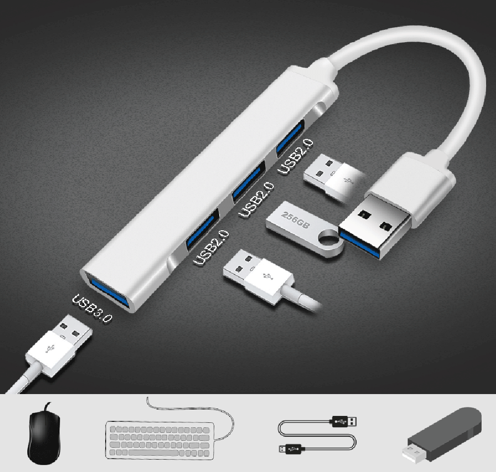 Ultra-Slim 4-Port Super-Speed USB Hub with USB-C Interface (1x USB 3.0 + 3x USB 2.0)