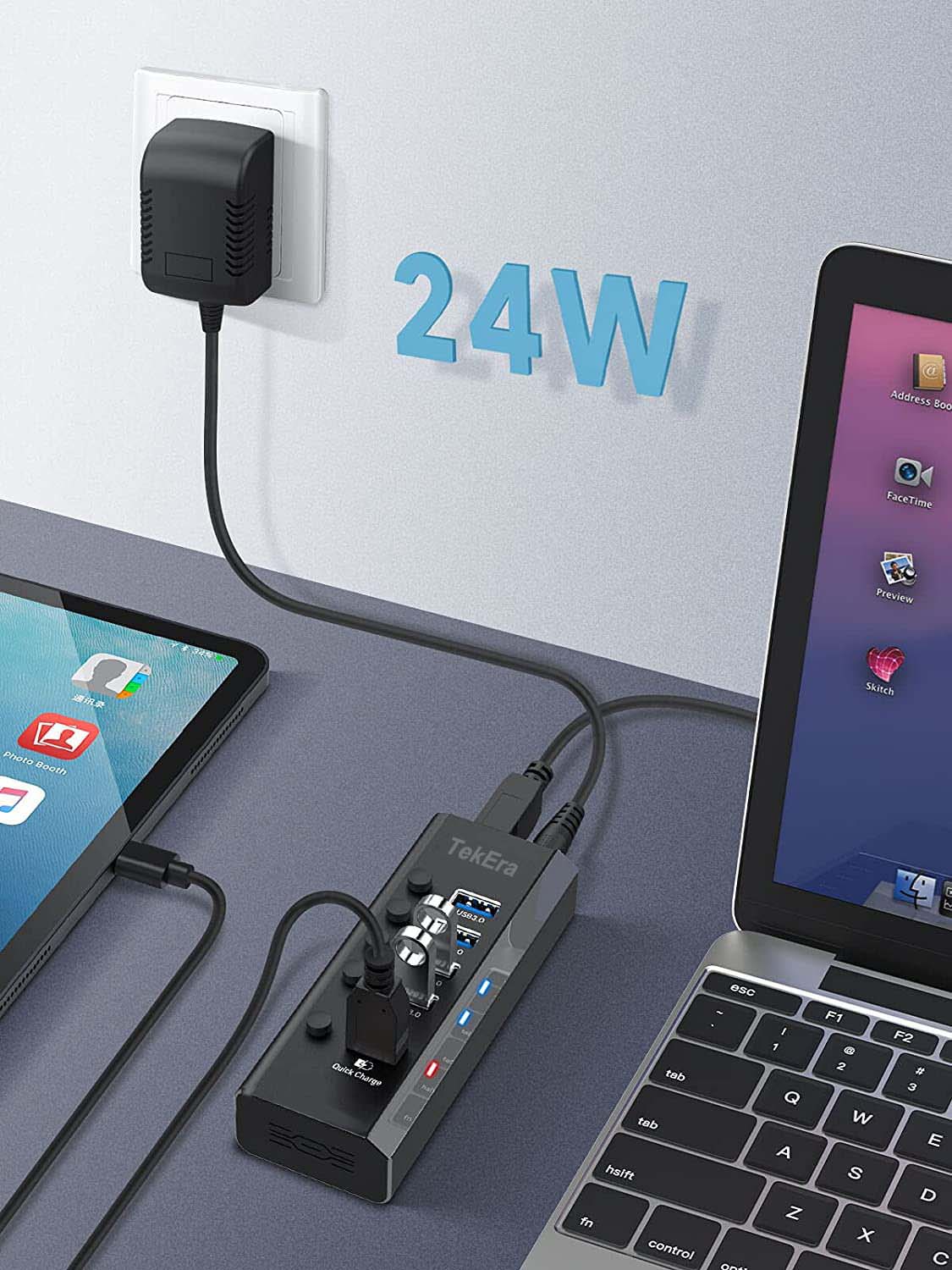 USB 3.0 Hub with 4 USB 3.0 Data Ports and 1 Fast Charging Port Power Supply