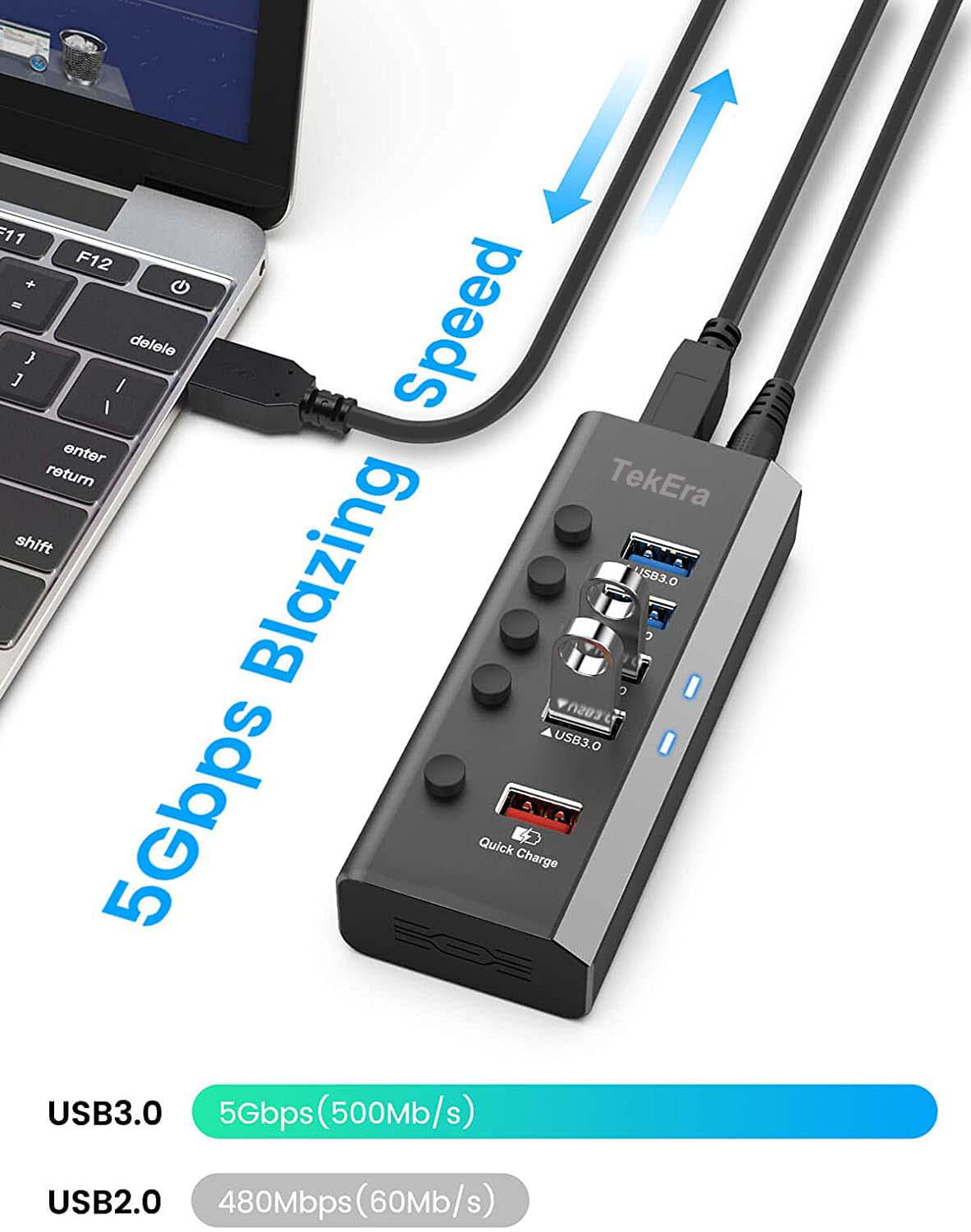 USB 3.0 Hub with 4 USB 3.0 Data Ports and 1 Fast Charging Port Power Supply