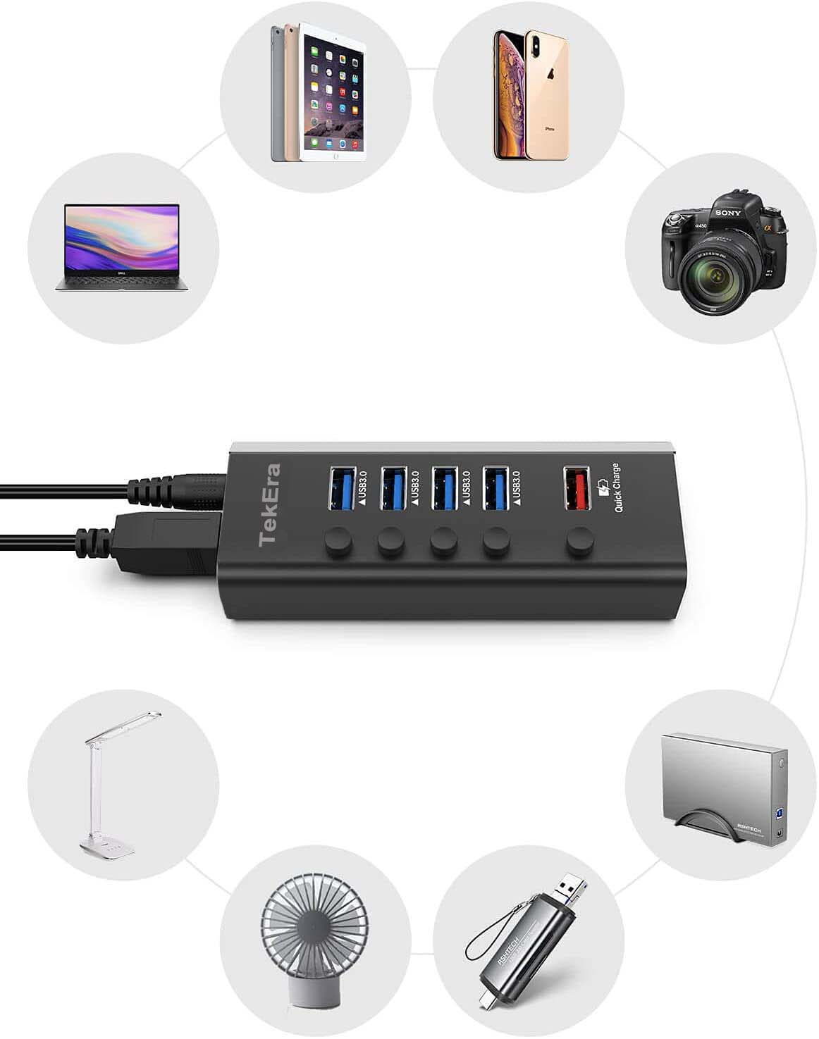 USB 3.0 Hub with 4 USB 3.0 Data Ports and 1 Fast Charging Port Power Supply