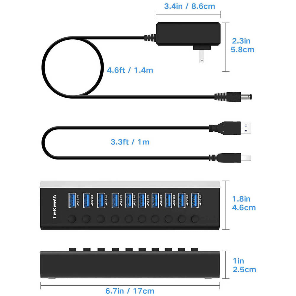 Powered 10 Port  USB 3.0 Hub with Individual Switch and AC Adapter