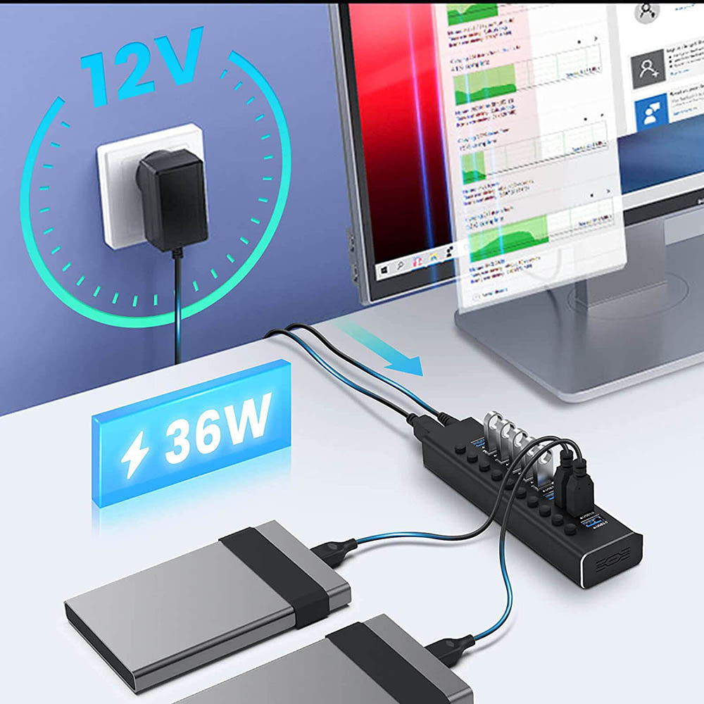 Powered 10 Port  USB 3.0 Hub with Individual Switch and AC Adapter