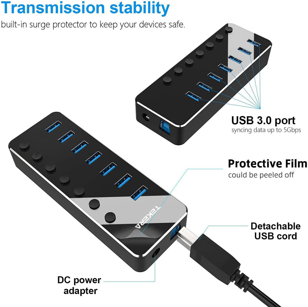 Powered 7 Port  USB 3.0 Hub with Individual Switch and AC Adapter