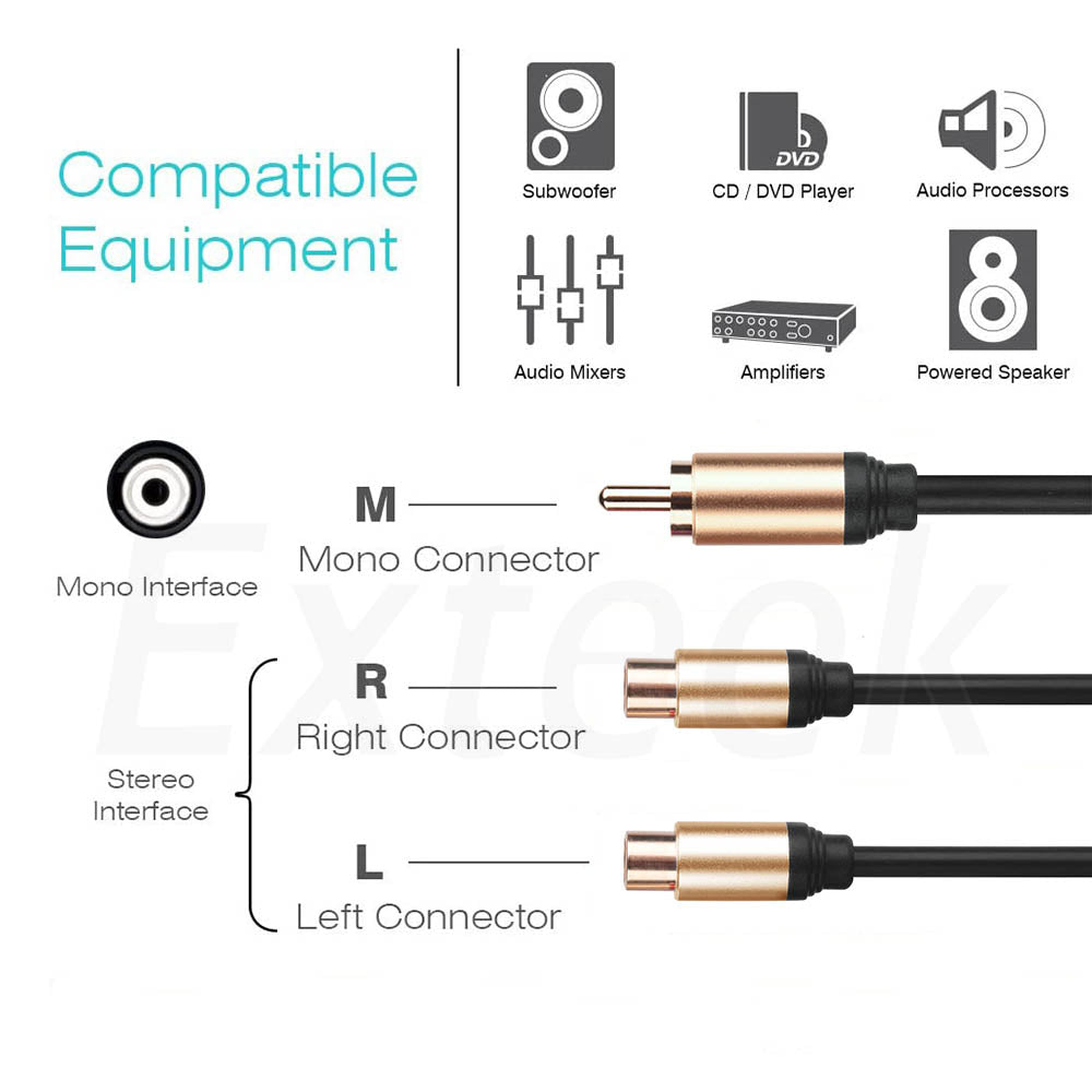 RCA/Phono Splitter Cable RCA Male to Dual Female Stereo Audio Y-Cable for subwoofer