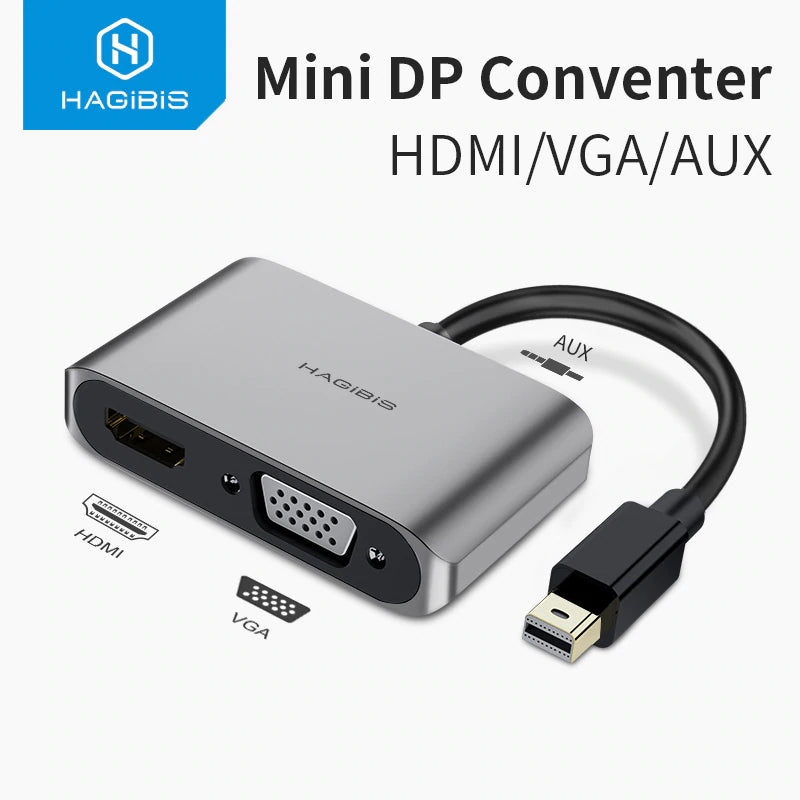 Mini DP DisplayPort 2 in 1 Hub to HDMI 4K VGA Video Adapter