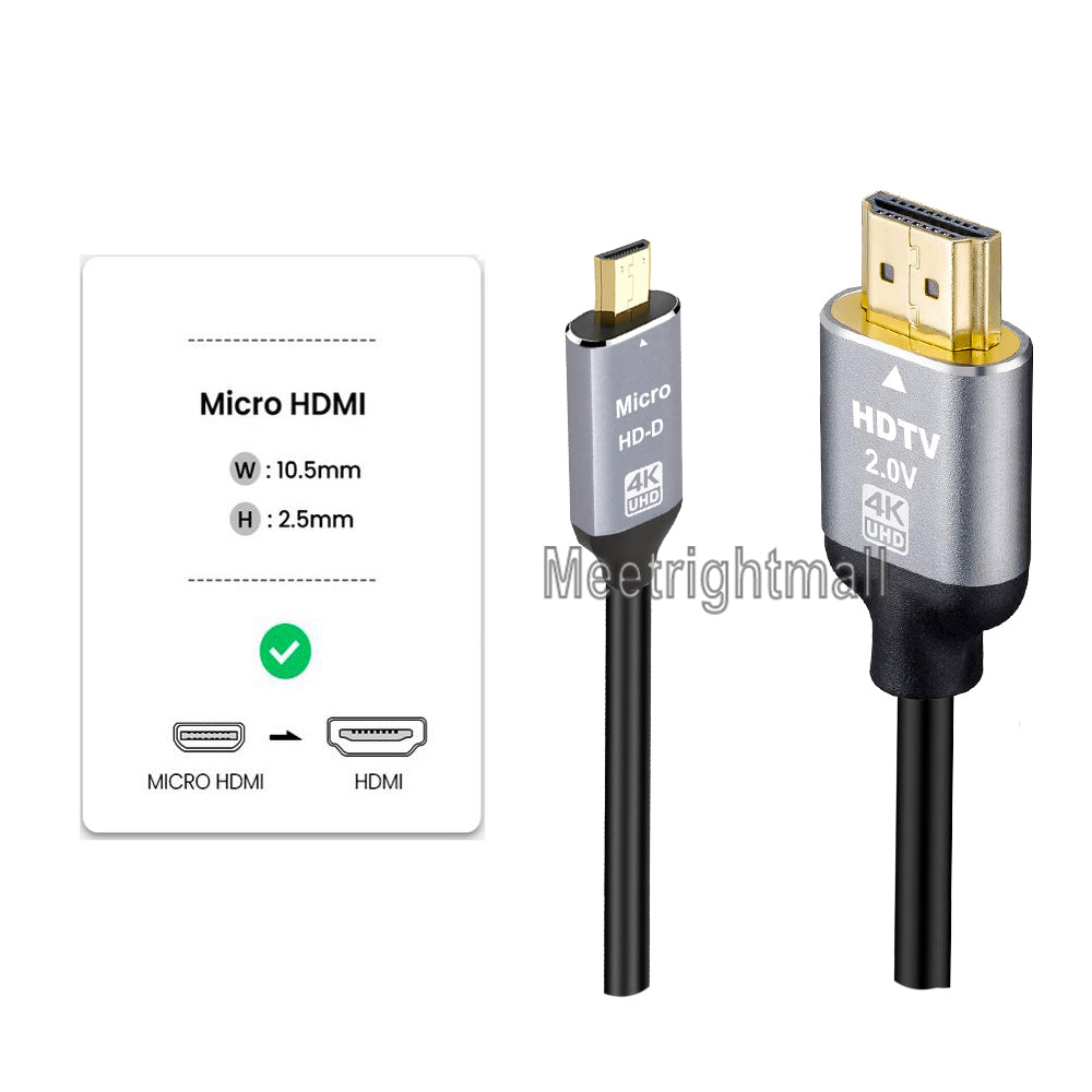 Micro HDMI to HDMI 2.0 Cable 4K 60Hz  (HDMI Type-A to Type-D)