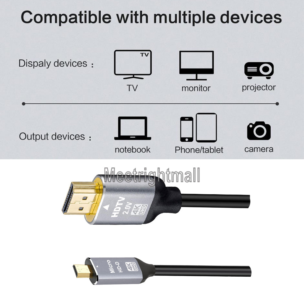 Micro HDMI to HDMI 2.0 Cable 4K 60Hz  (HDMI Type-A to Type-D)