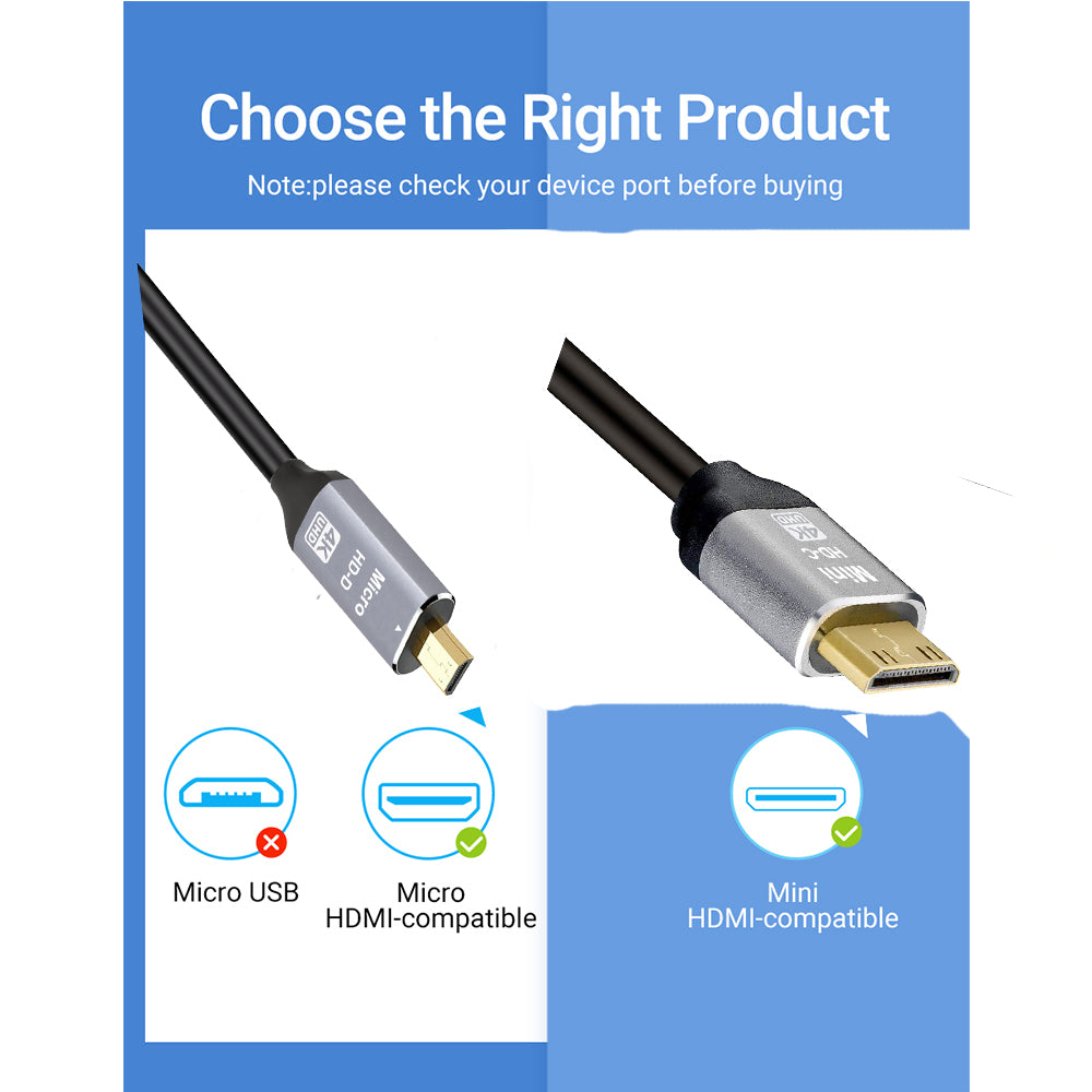 Micro HDMI to HDMI 2.0 Cable 4K 60Hz  (HDMI Type-A to Type-D)