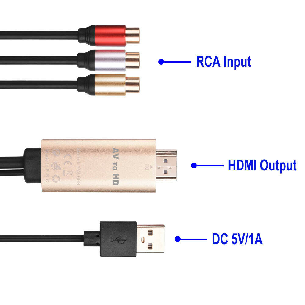 Composite AV CVBS 3RCA to HDMI Video Cable Converter 1080p Upscale Bulit-in chip