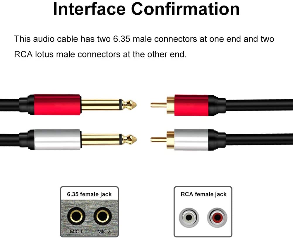 Dual 6.35mm 1/4 TS Mono Male to Dual 2 RCA Male Adapter Audio Cable