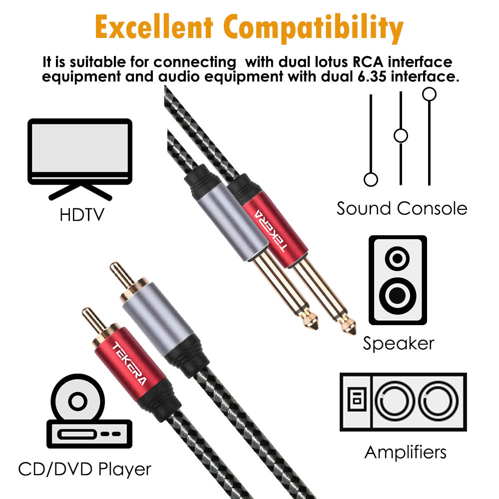 Dual 6.35mm 1/4 TS Mono Male to Dual 2 RCA Male Adapter Audio Cable