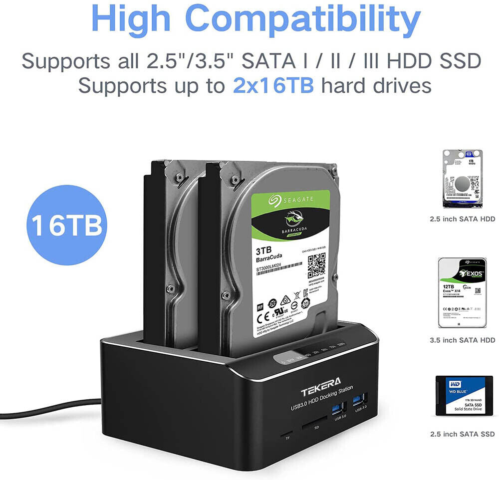 HDD Docking Station Dual 2.5" 3.5" SATA USB3.0 Hard Drive Dock Card Reader Clone