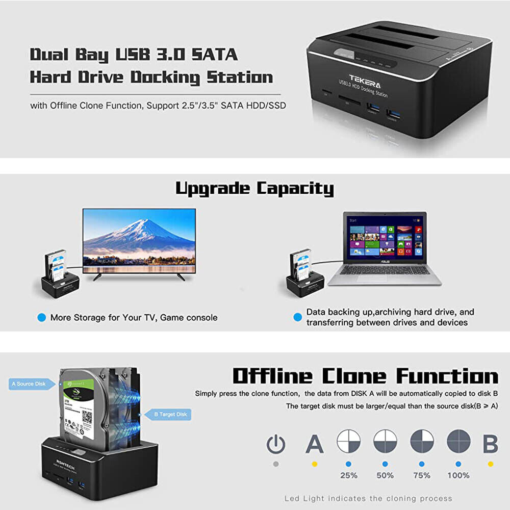 HDD Docking Station Dual 2.5" 3.5" SATA USB3.0 Hard Drive Dock Card Reader Clone