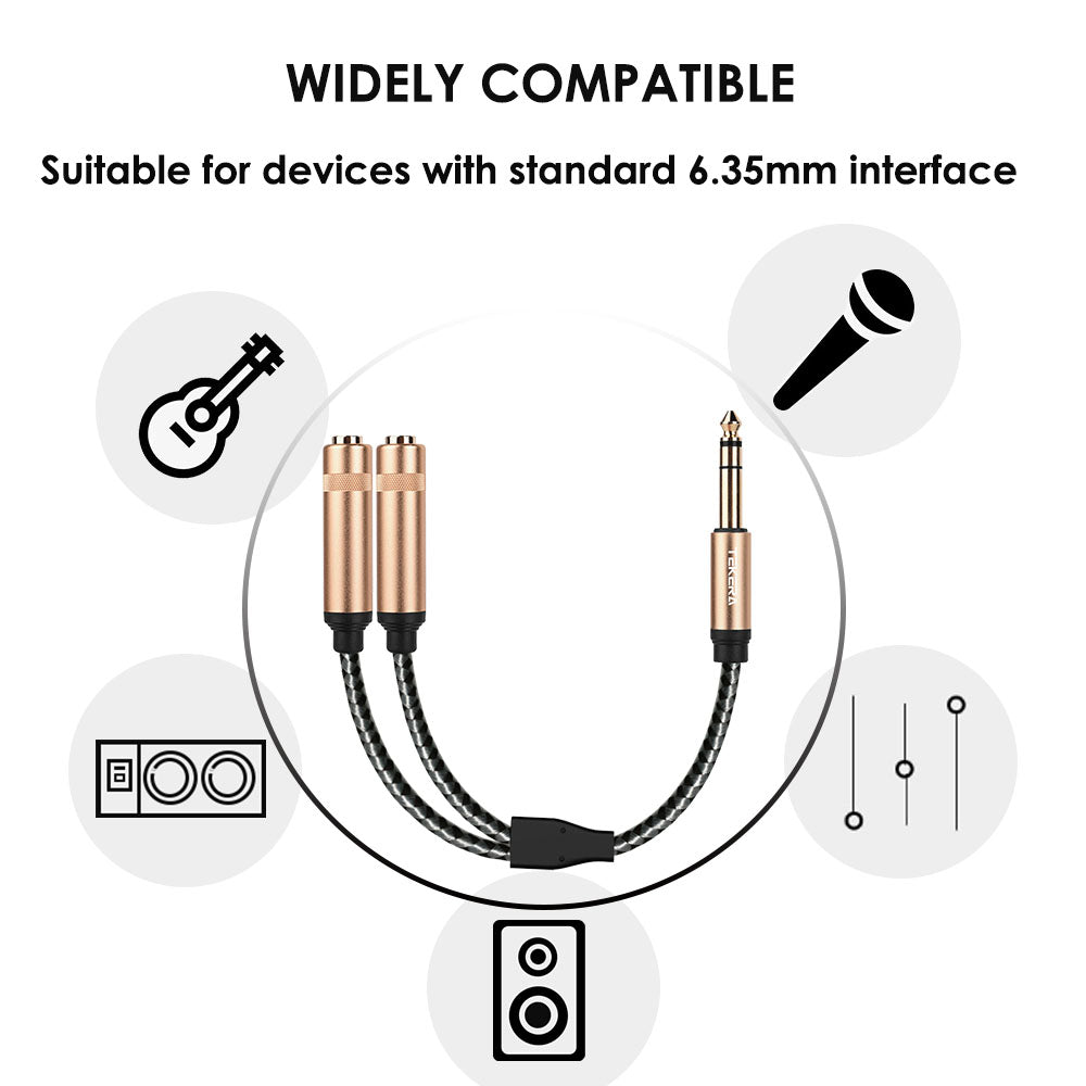 6.35mm 1/4" TRS Stereo to Dual 1/4" TRS Stereo Adapter Y Splitter Audio Cable