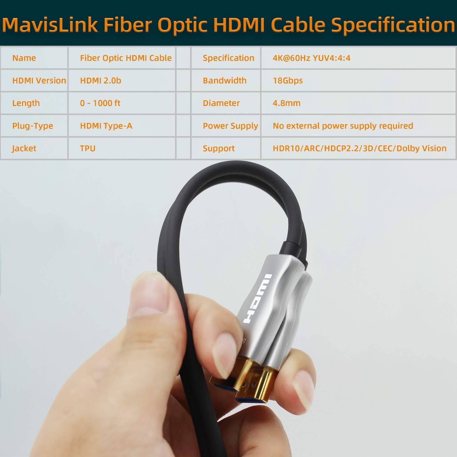 Active FIBER Optical HDMI 2.0 Cable (18Gbps 4K@60Hz)