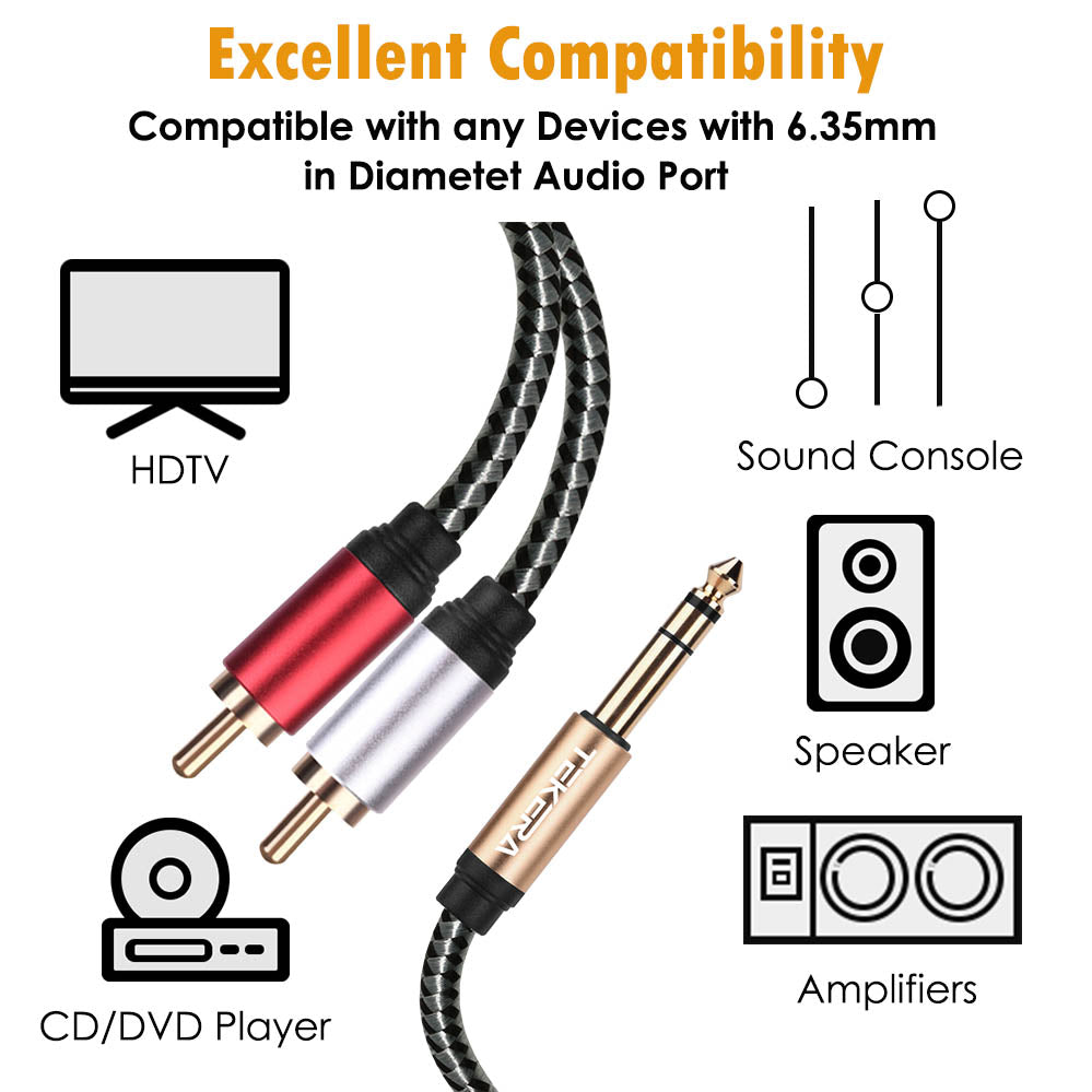 6.35mm 1/4 Inch TRS Stereo Male to 2 RCA Audio Y Splitter Cable