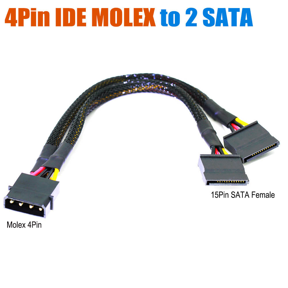 4 Pin IDE Molex to 2 SATA 15pin Power Cable Splitter Adapter