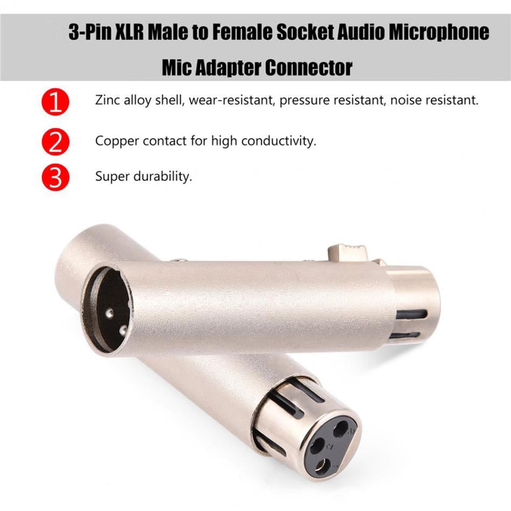 3-Pin XLR Male Plug to Female Coupler Gender Changer Audio Mic Adapter