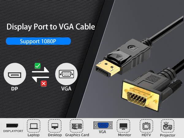 1.8m DisplayPort to VGA Cable Adapter (Male to Male)