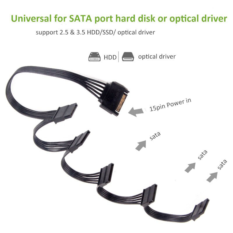 15 Pin SATA Power Y-Splitter Cable Adapter Extension 1 Male to 5 Female