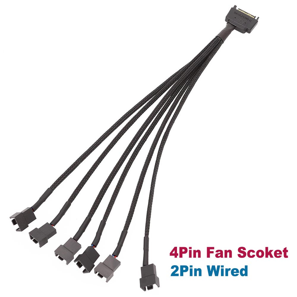 15Pin SATA to 6 x 4-Pin PWM Sleeved Fan Power Adapter Cable