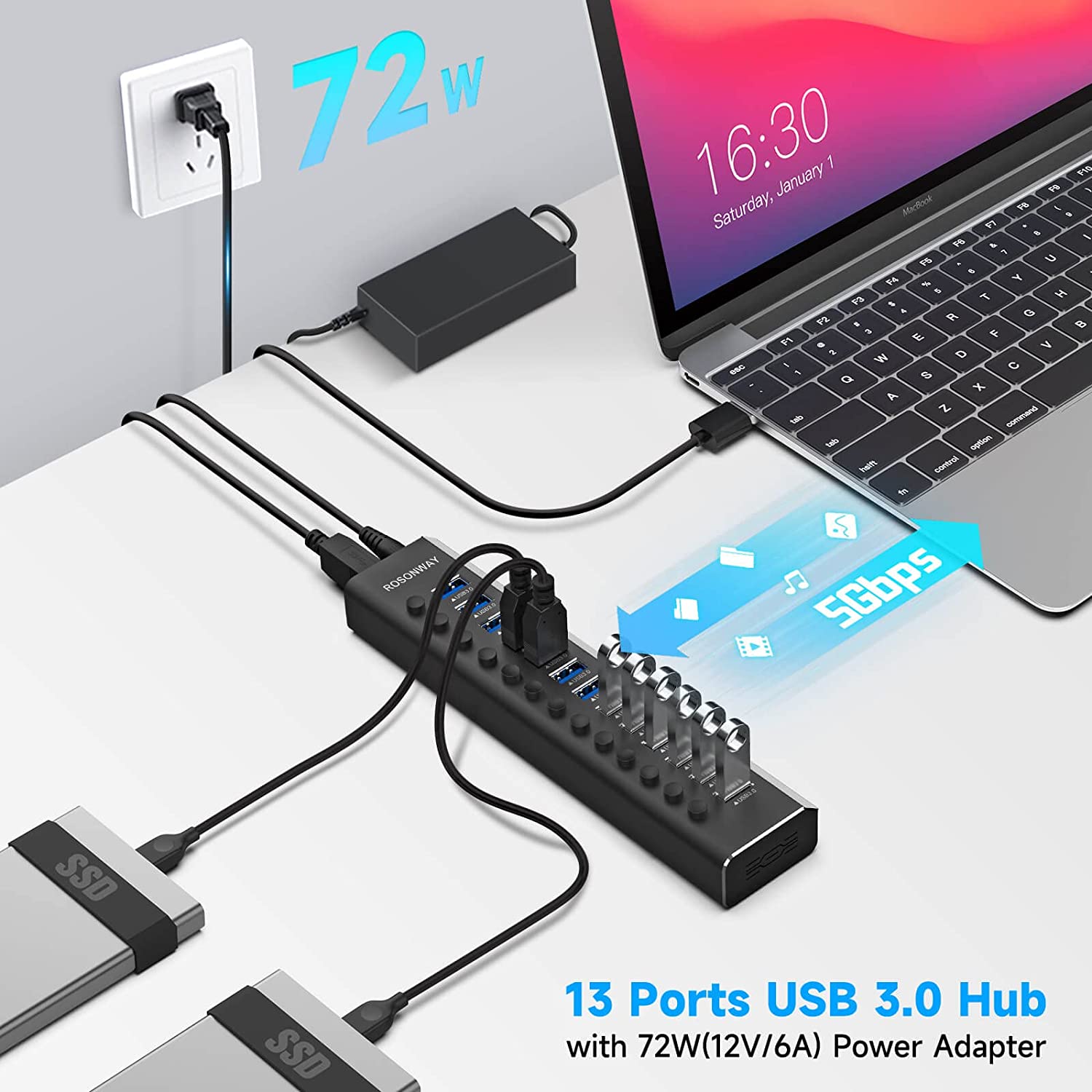 13 port USB3.0 HUB with 12V power Adapter USB Hub Splitter Extension Aluminum AU