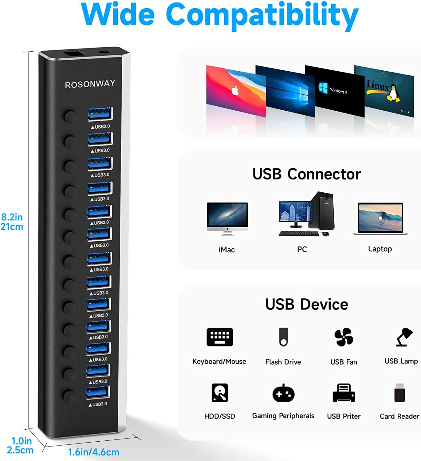 13 port USB3.0 HUB with 12V power Adapter USB Hub Splitter Extension Aluminum AU