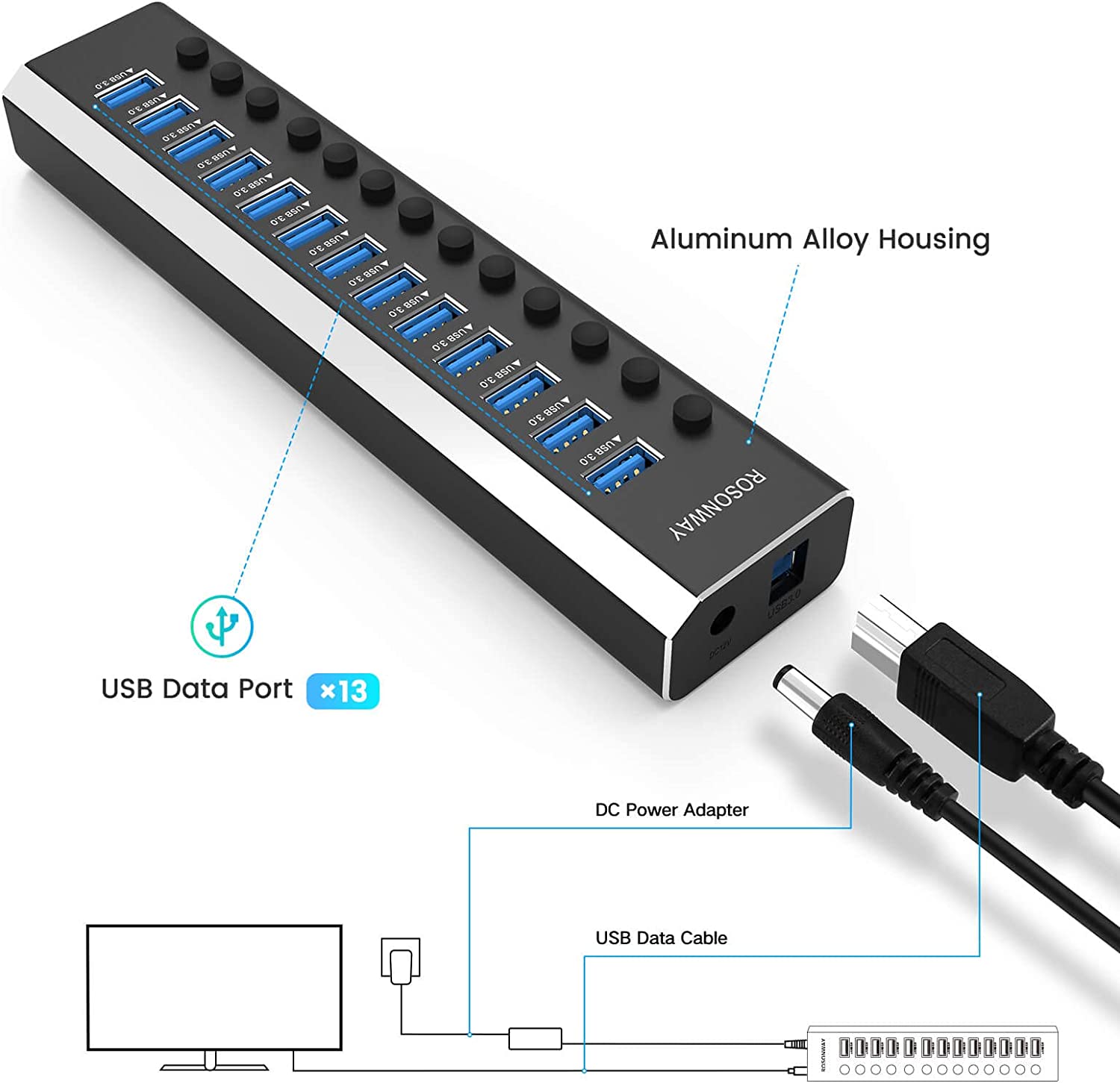 13 port USB3.0 HUB with 12V power Adapter USB Hub Splitter Extension Aluminum AU