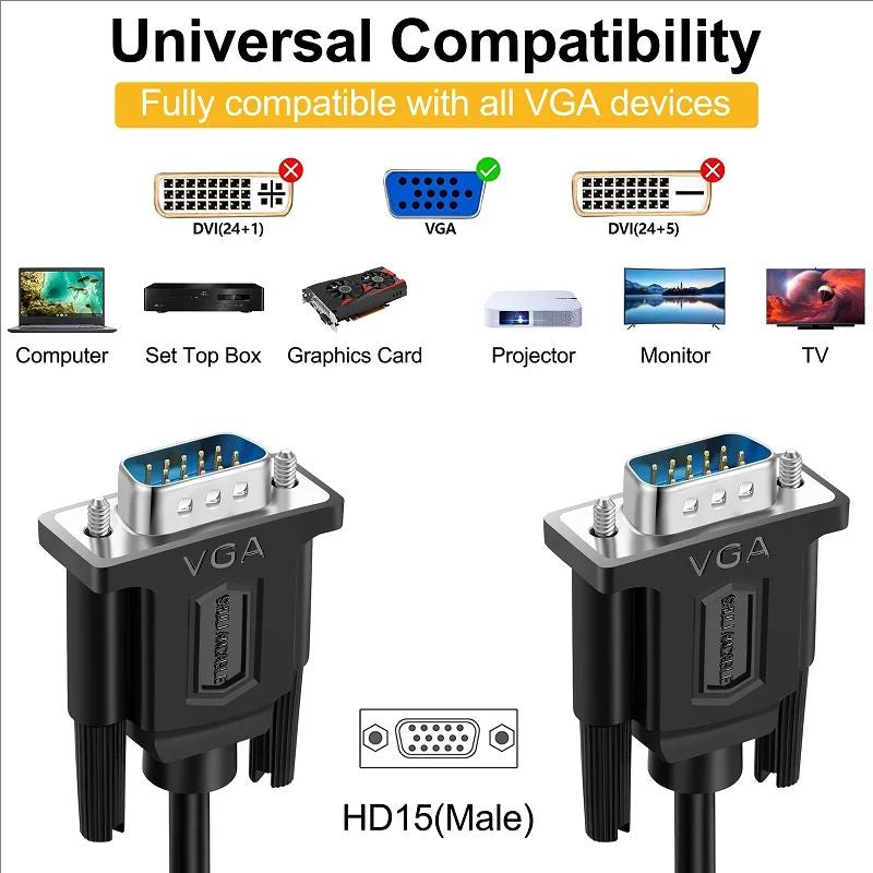 VGA 15pin Male to SVGA Male Cable PC Monitor Extension HDTV Computer LCD Screen