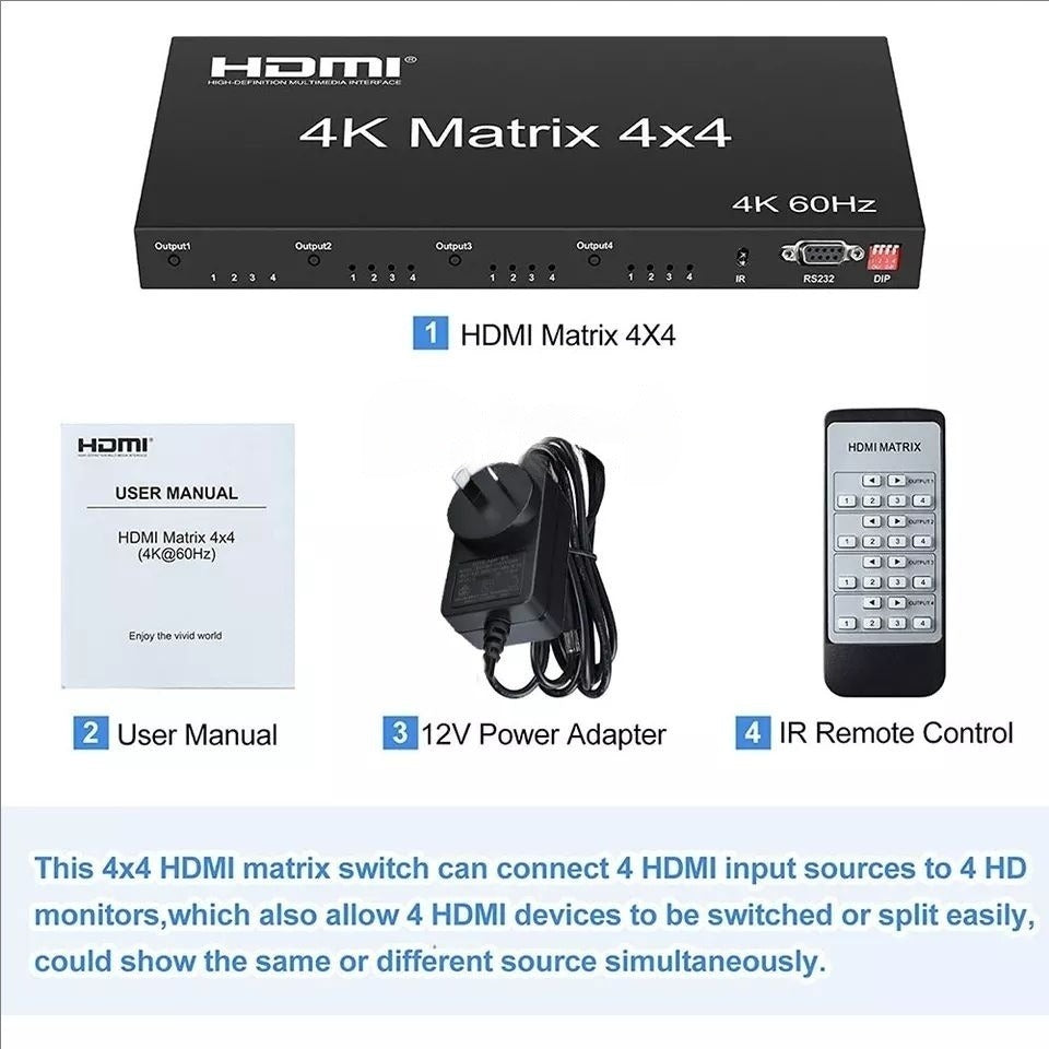 4K@60Hz HDMI2.0 Matrix 4x4 Switcher Splitter 4 in 4 Out with RS232 Control and 18Gbps 3D