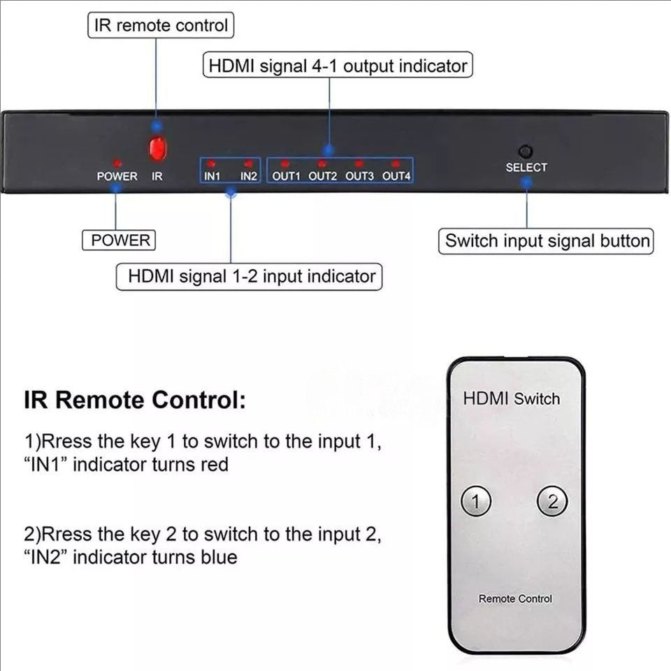 3D 4K@60Hz HDMI 2.0 Matrix Audio Splitter Switcher 2 in 4 Out with Remote Control