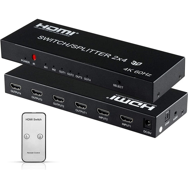 3D 4K@60Hz HDMI 2.0 Matrix Audio Splitter Switcher 2 in 4 Out with Remote Control