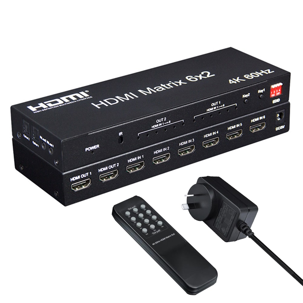 4K@60hz HDMI 2.0 Matrix 6x2 Switch Splitter with Optical SPDIF Toslink remote 3D